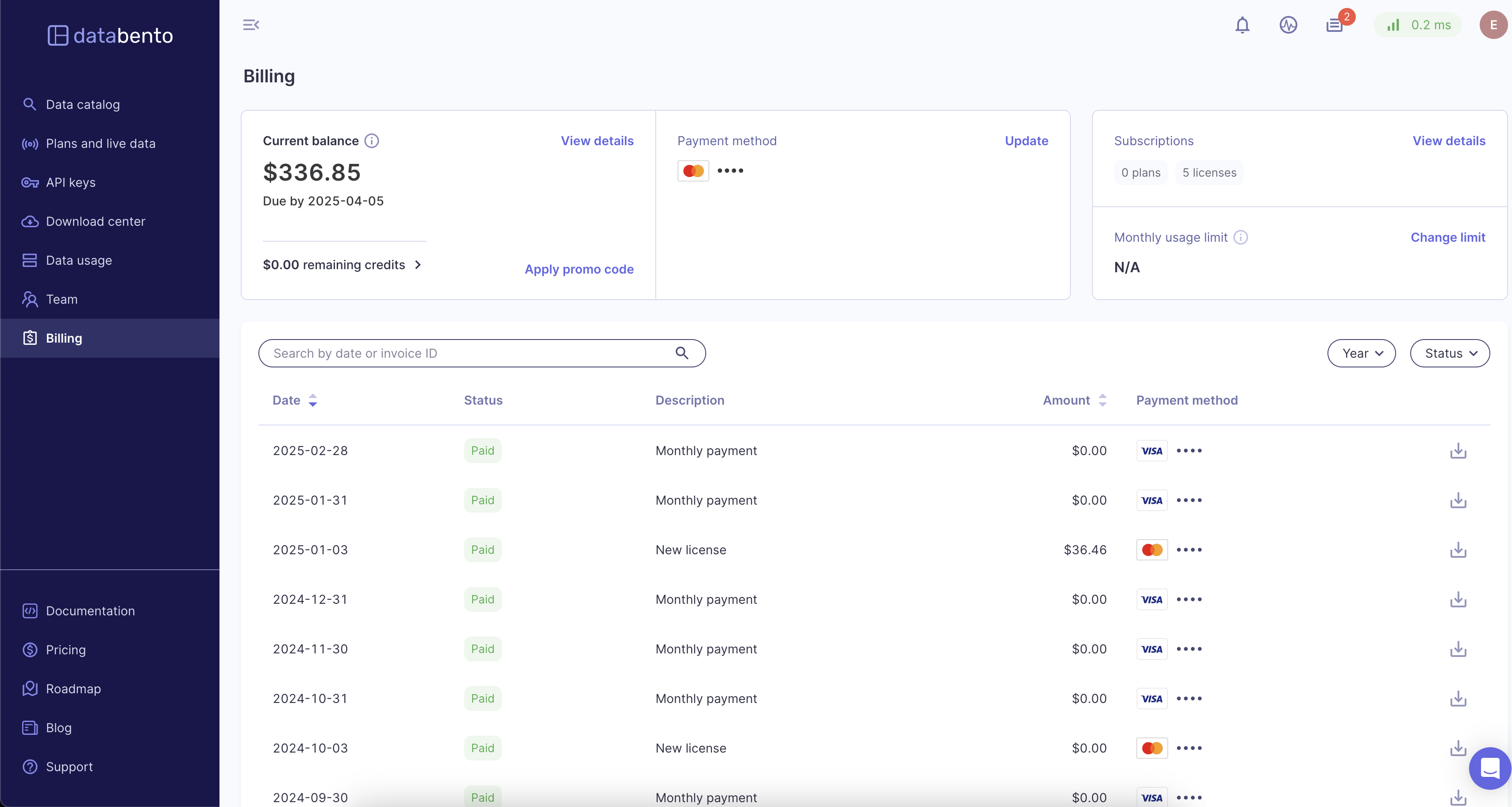 Billing page