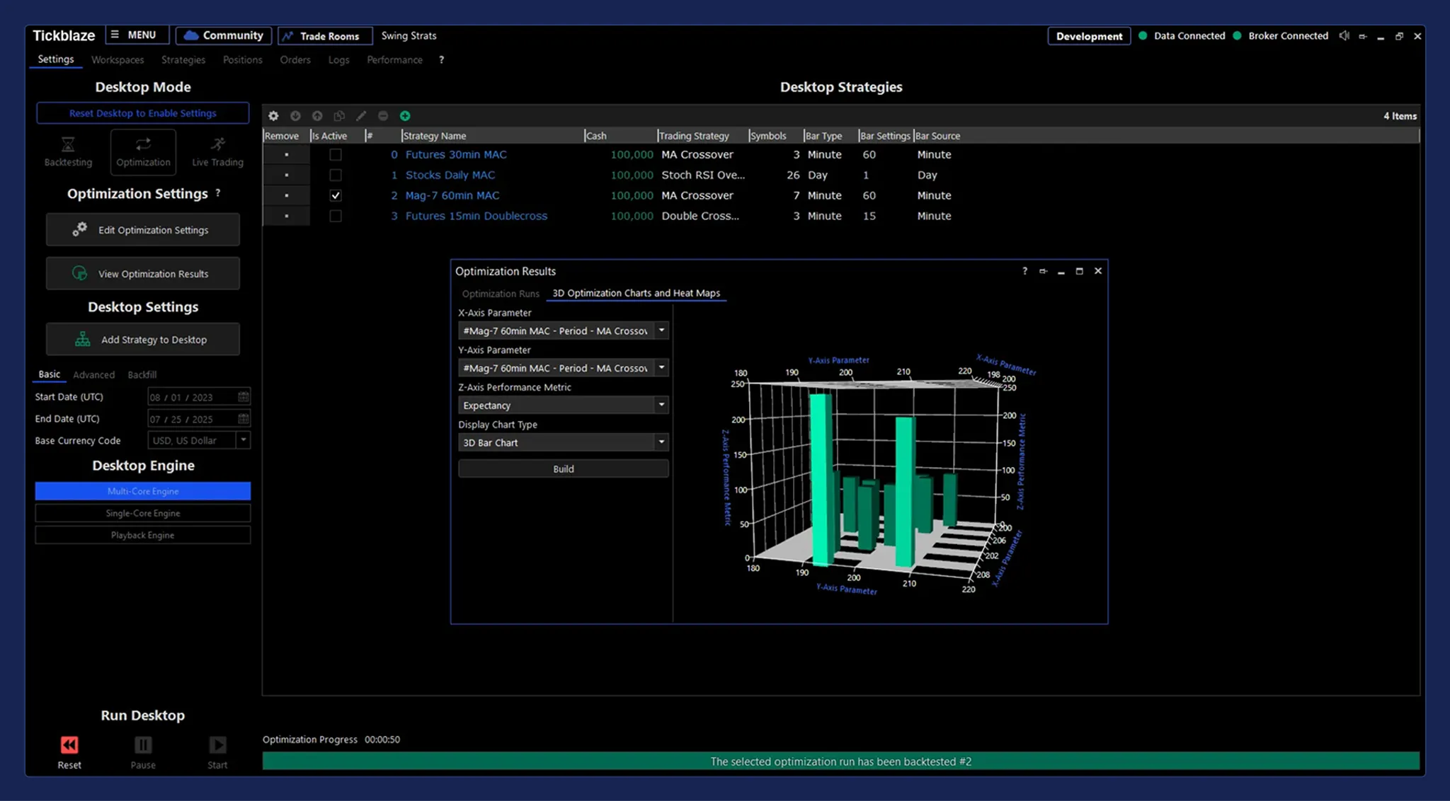 3D bar chart view of a Tickblaze strategy optimization run.