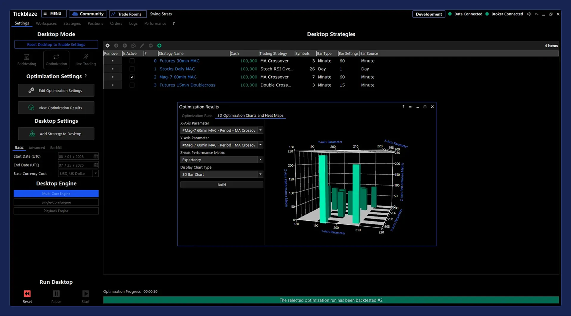 3D bar chart view of a Tickblaze strategy optimization run.