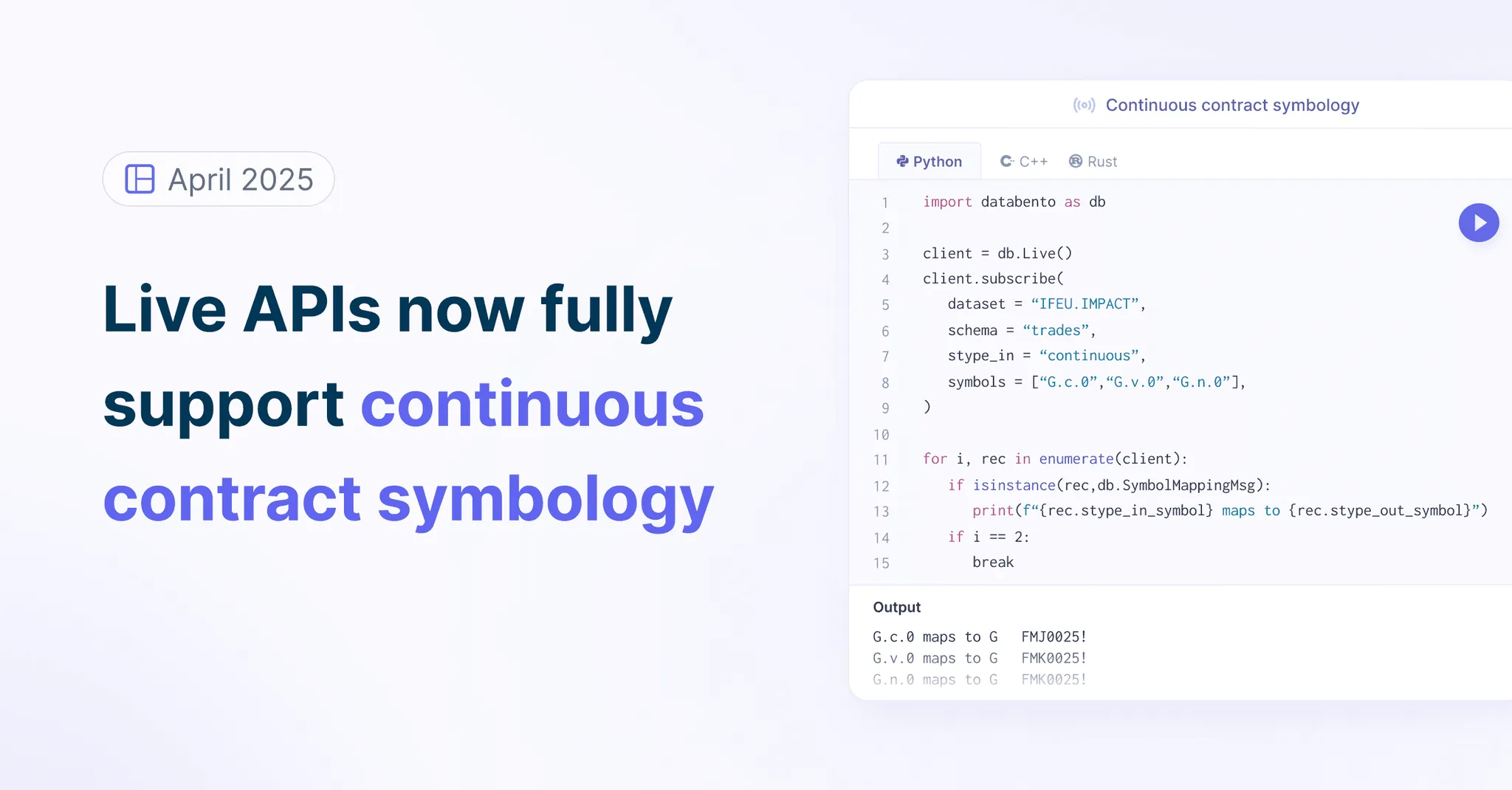 Title picture for Live APIs now fully support continuous contract symbology 