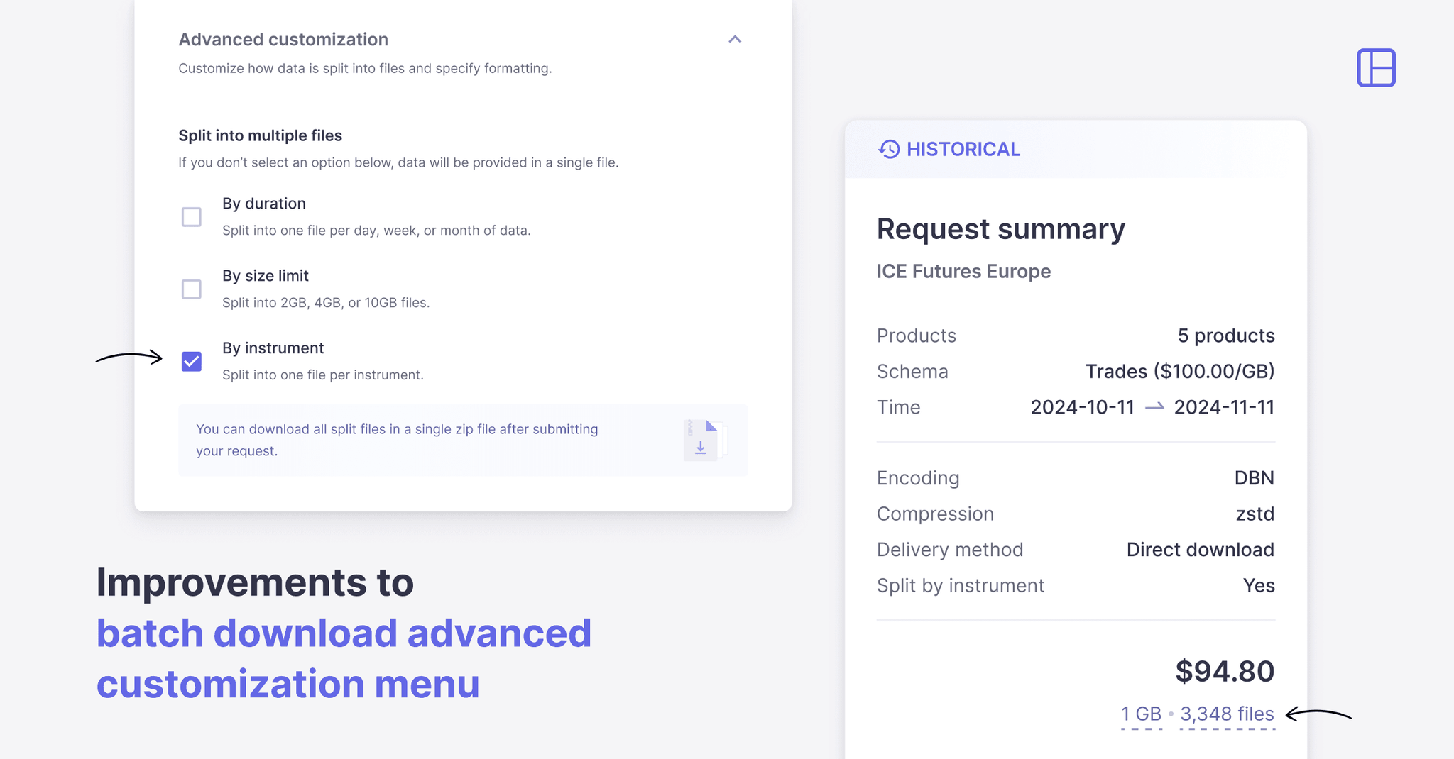Improvements to batch download advanced customization menu | Databento Blog
